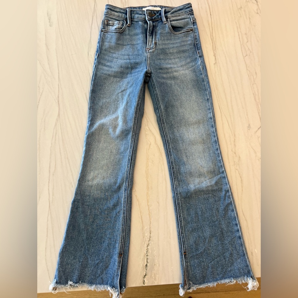 High Waist Raw Hem Crop Flare Hidden Jeans